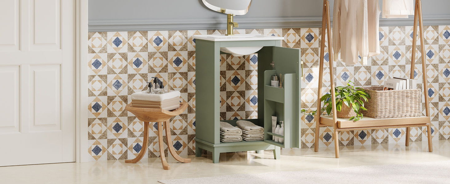 Modern Small Bathroom Vanity Cabinet With Ceramic Basin, Ample Storage, 1 Soft Close Door - Green
