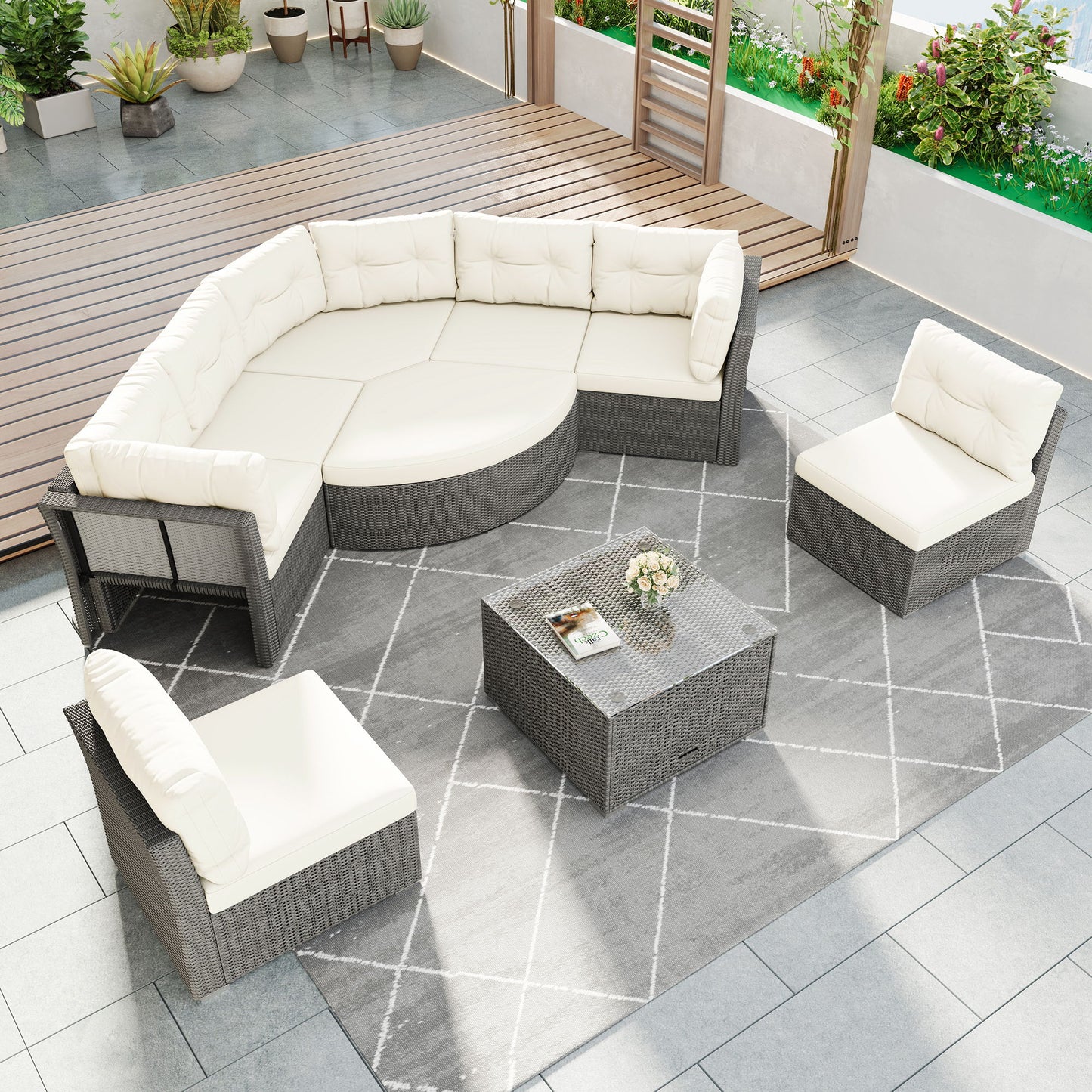 Patio Furniture Set Outdoor Daybed Rattan Sectional With Cushions And Center Table - Beige