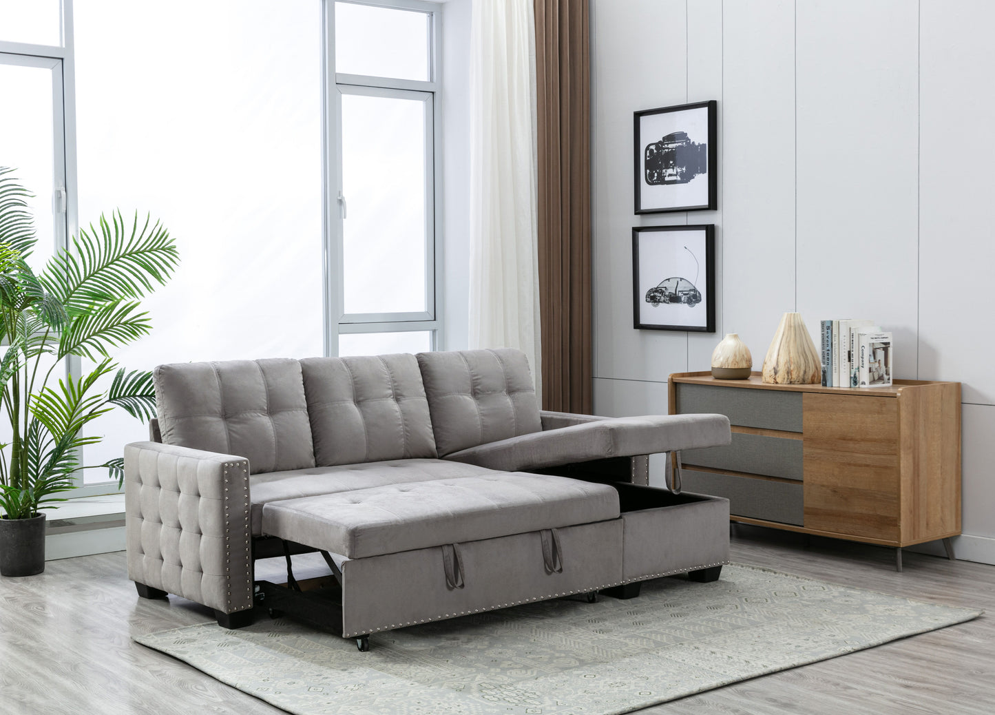 Reversible Sectional Storage Sleeper Sofa Bed, L-Shape 2 Seat Sectional Chaise With Storage, Skin-Feeling Velvet Fabric - Light Gray