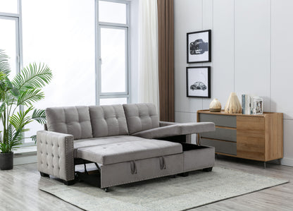 Reversible Sectional Storage Sleeper Sofa Bed, L-Shape 2 Seat Sectional Chaise With Storage, Skin-Feeling Velvet Fabric - Light Gray