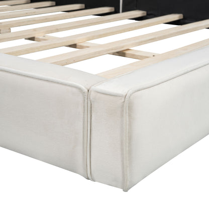 Queen Size Upholstered Platform Bed, Grounded Bed With Solid Frame - Beige