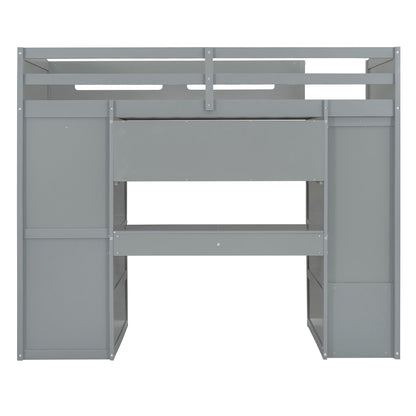 Twin Size Loft Bed With Desk, Wardrobes, 4 Drawers And 4 Shelves Construction - Gray