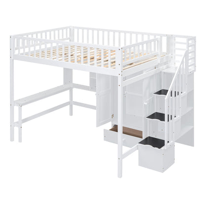 Full Size Loft Bed With Bookshelf, Drawers, Desk, And Wardrobe - White