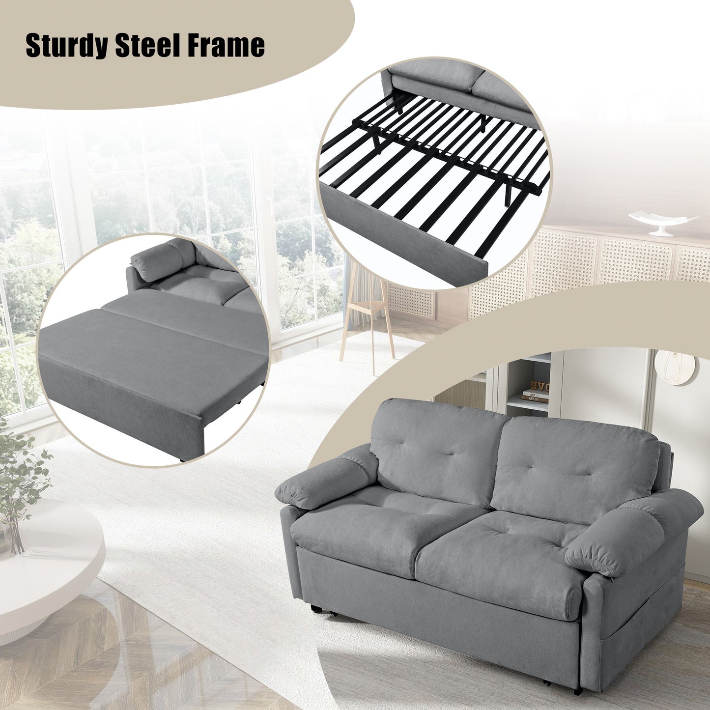Modern Convertible Sleeper Sofa Bed With Pull Out Queen Design, Side Storage & Thick Cushions Chenille Loveseat For Living Room Or Bedroom 3 In 1 Function - Gray