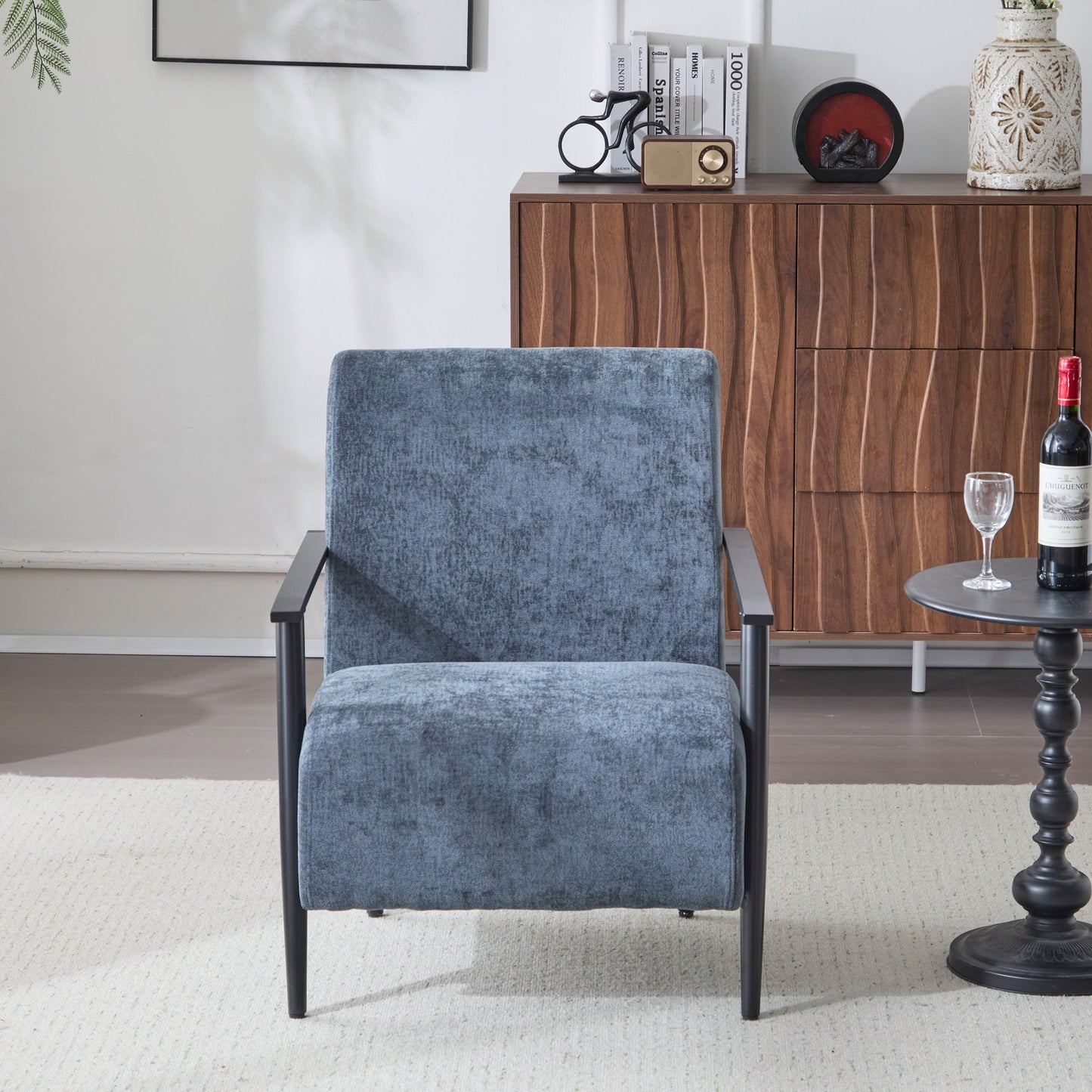 Modern Lounge Chair With Polyester Upholstery And Sturdy Metal Frame - Blue Gray