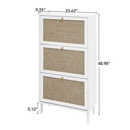 Modern Rattan 3 Door Shoe Rack Cabinet For Entryway Freestanding White Storage Unit In Particle Board - White