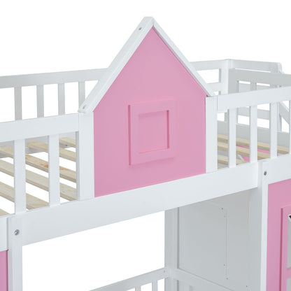 Twin Over Twin Bunk Bed With Changeable Table, Bunk Bed Turn Into Upper Bed And Down Desk - Pink