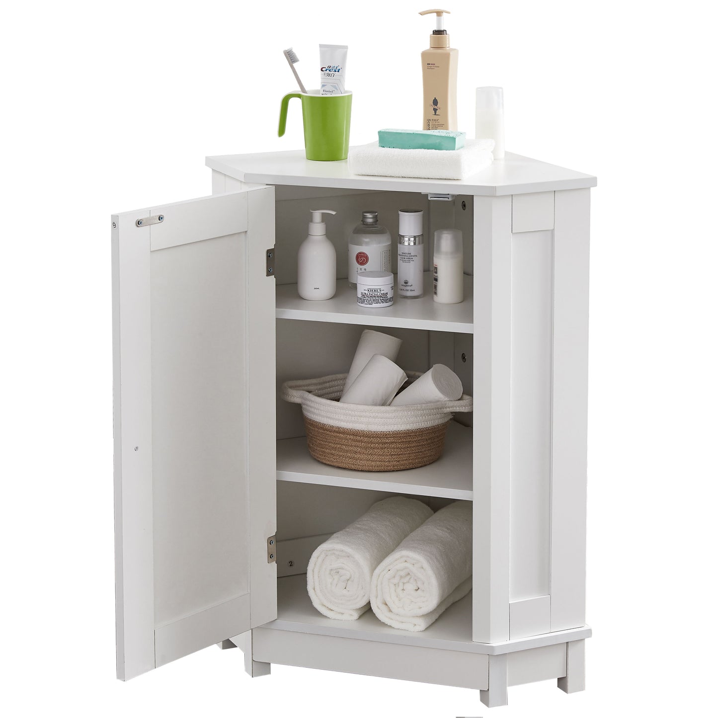 Bathroom Cabinet Triangle Corner Storage Cabinet With Adjustable Shelf Modern Style - White