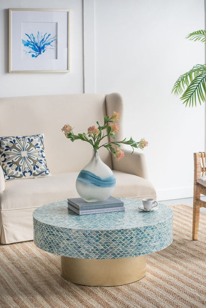 Unique Hyperion Capiz Inlay Drum Coffee Table With Pedestal Base - Multi