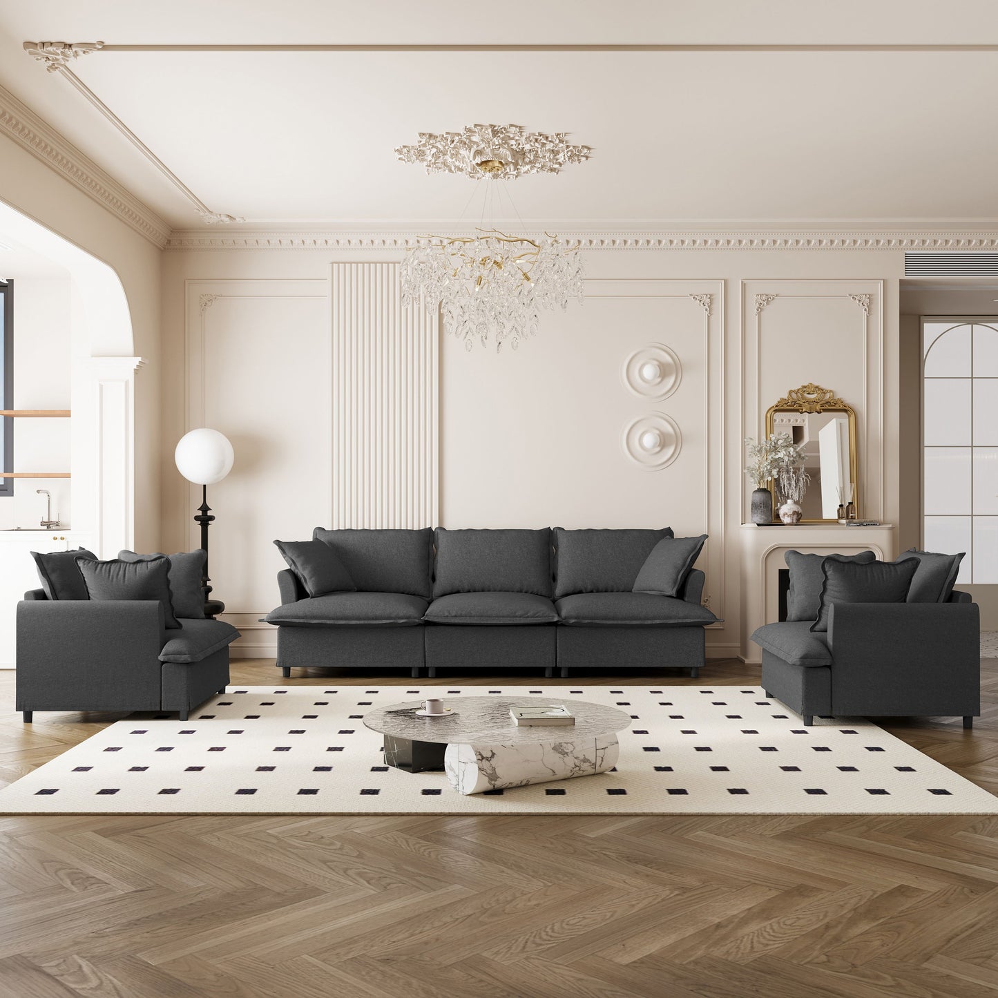 3 Piece Living Room Set Modular Sectional Couch Upholstered 3 Seater Sofa & 2 Armchairs 5 Seat - Gray