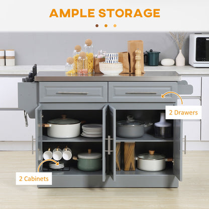Homcom - Rolling Kitchen Island With Storage, Portable Kitchen Cart With Stainless Steel Top, 2 Drawers, Spice, Knife And Towel Rack And Cabinets - Gray