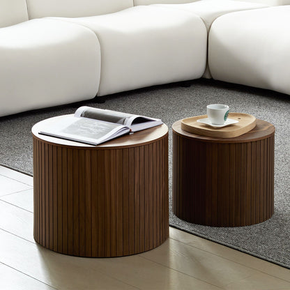 Handcrafted Nested Table Set 2 Pieces, Round Coffee Table - Walnut Color