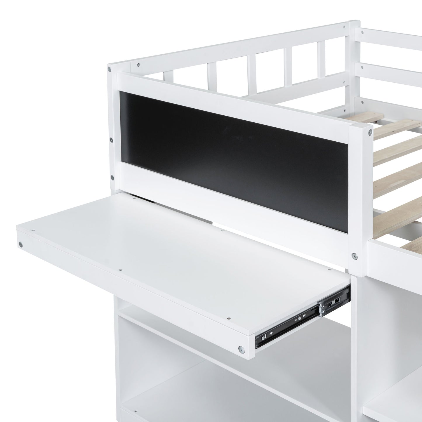 Twin Size Low Loft Bed With Rolling Desk, Shelf And Drawers - White