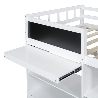 Twin Size Low Loft Bed With Rolling Desk, Shelf And Drawers - White