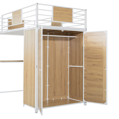 Twin Size Loft Bed With L Shape Desk And Wardrobe - White