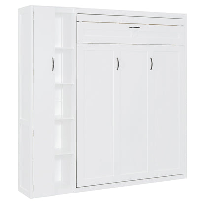 Full Size Murphy Wall Bed With Shelves, Wardrobe And LED Lights - White