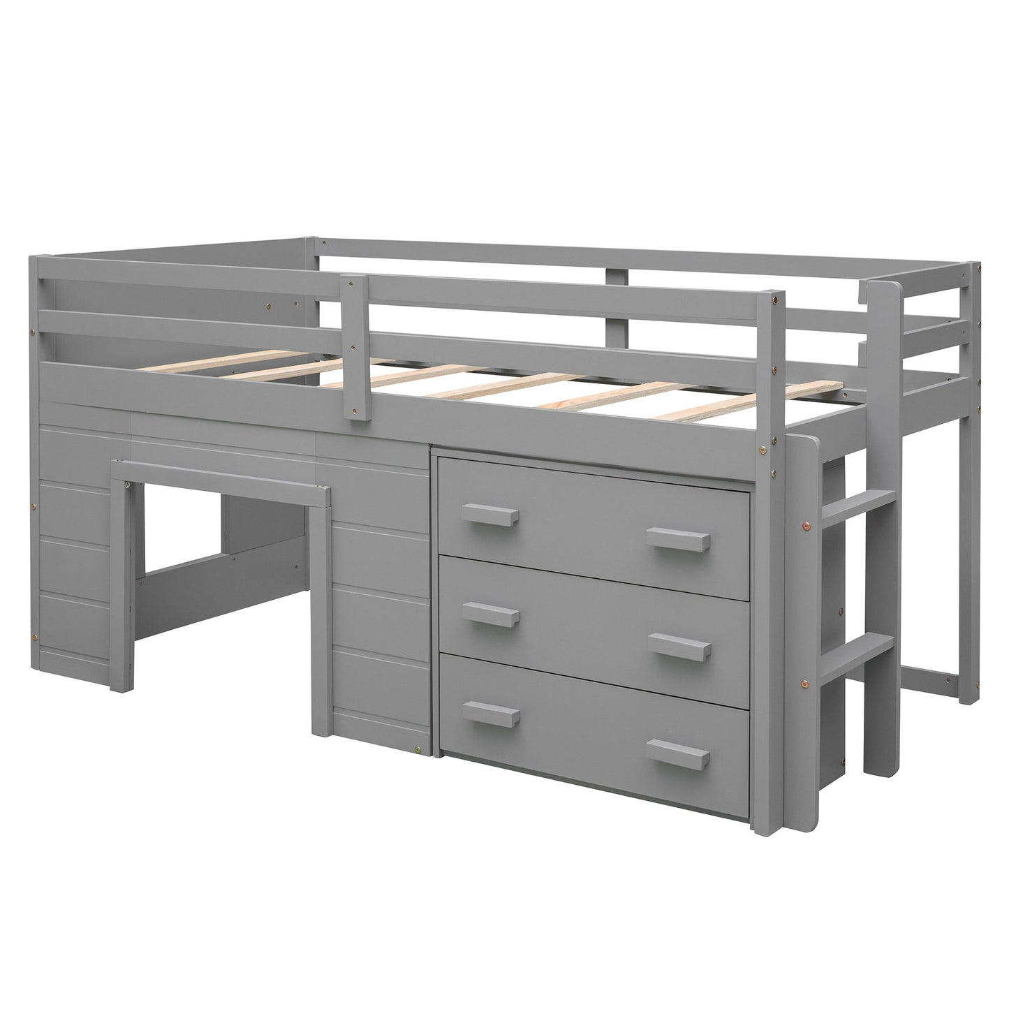 Twin Size Loft Bed With Cabinet And Shelf - Gray