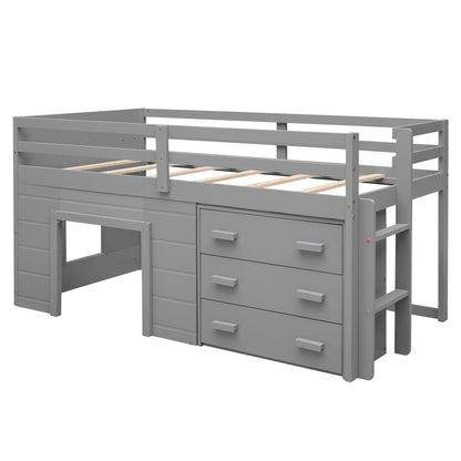 Twin Size Loft Bed With Cabinet And Shelf - Gray
