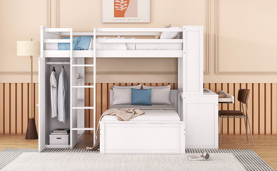 Full Size Loft Bed With A Twin Size Stand Alone Bed, Shelves, Desk, And Wardrobe - White