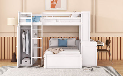 Full Size Loft Bed With A Twin Size Stand Alone Bed, Shelves, Desk, And Wardrobe - White