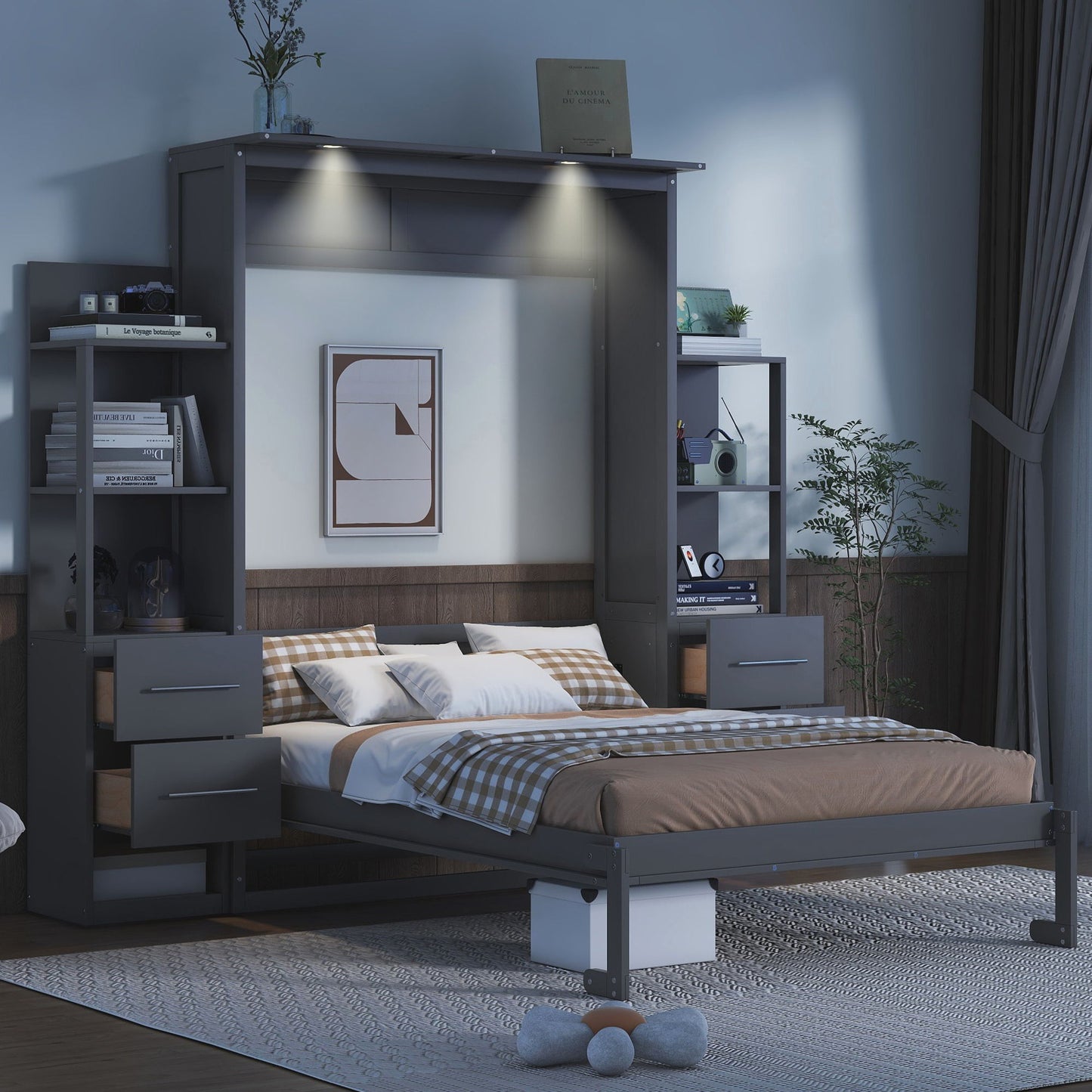 Full Size Murphy Wall Bed With Shelves, Drawers And LED Lights - Gray