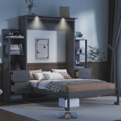 Full Size Murphy Wall Bed With Shelves, Drawers And LED Lights - Gray