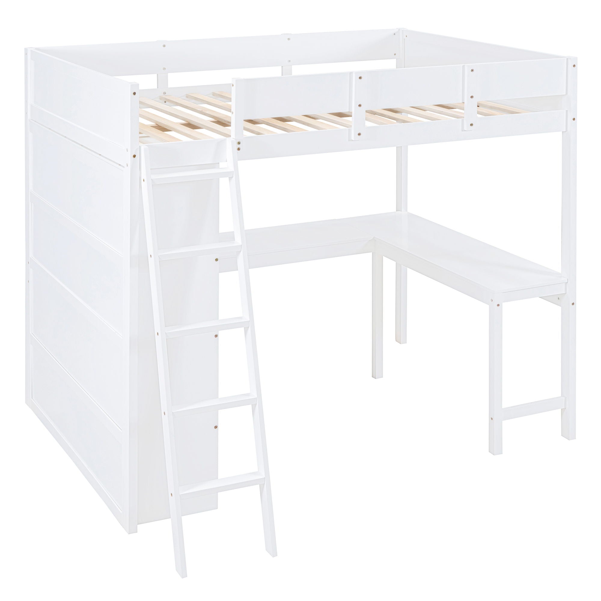 Full Size Loft Bed With Desk And Storage Shelves - White