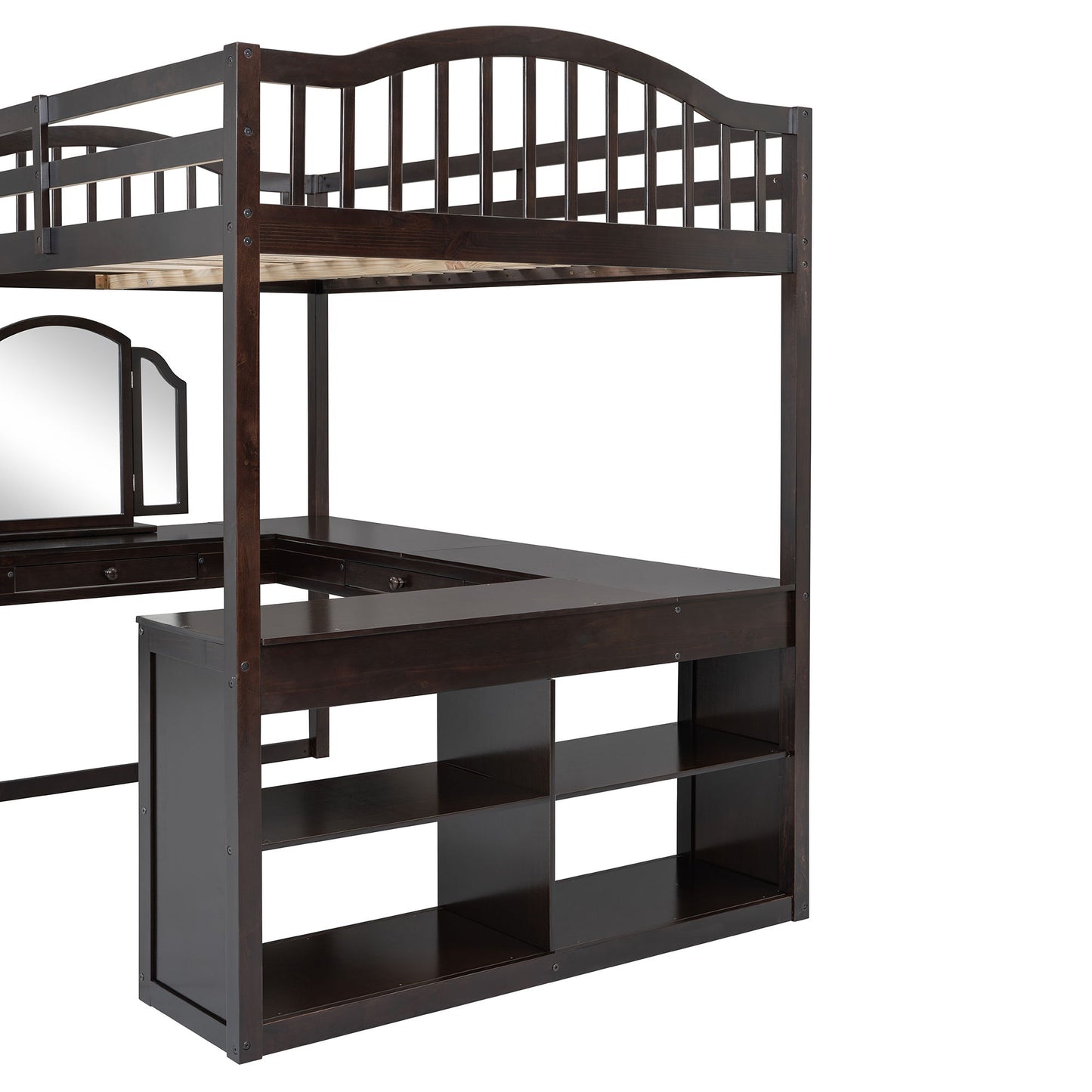 Full Loft Bed With U Shaped Desk, Storage Compartments And Tri Fold Mirror - Espresso