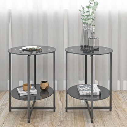 Tempered Glass End Table (Set of 2), Round Coffee Table For Bedroom Living Room Office - Black