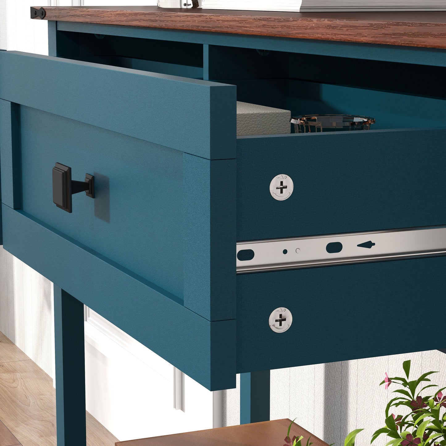 Farmhouse Style Console Table With 2 Drawers And Bottom Storage Shelf, Pagoda - Blue
