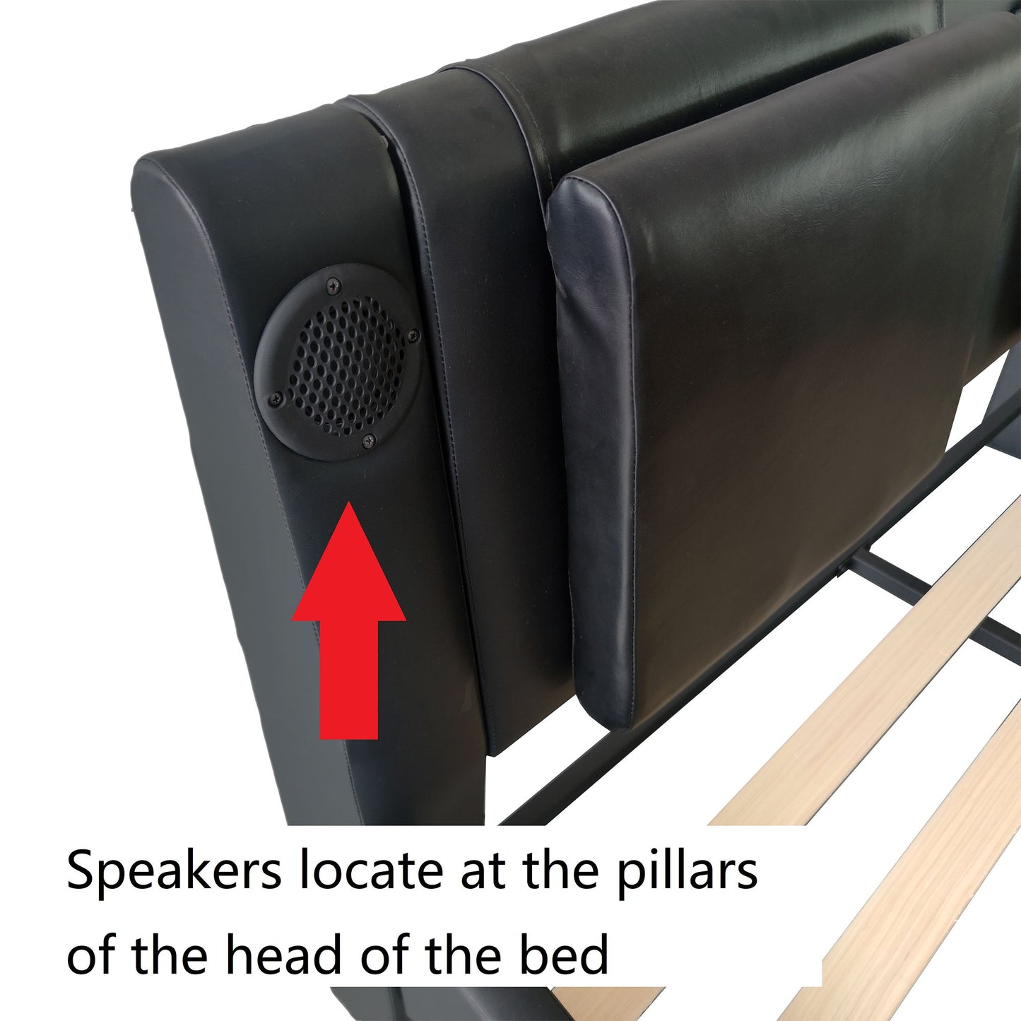 King Size Upholstered Platform Bed Frame With LED Lighting, Bluetooth Connection To Play Music Control, Backrest Vibration Massage, Curve Design, Wood Slat Support, Exhibited Speakers - Black