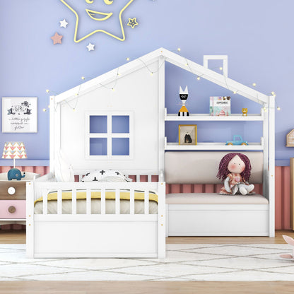 Twin Size House Bed With Sofa, Kids Platform Bed With 2 Drawers And Storage Shelf - White