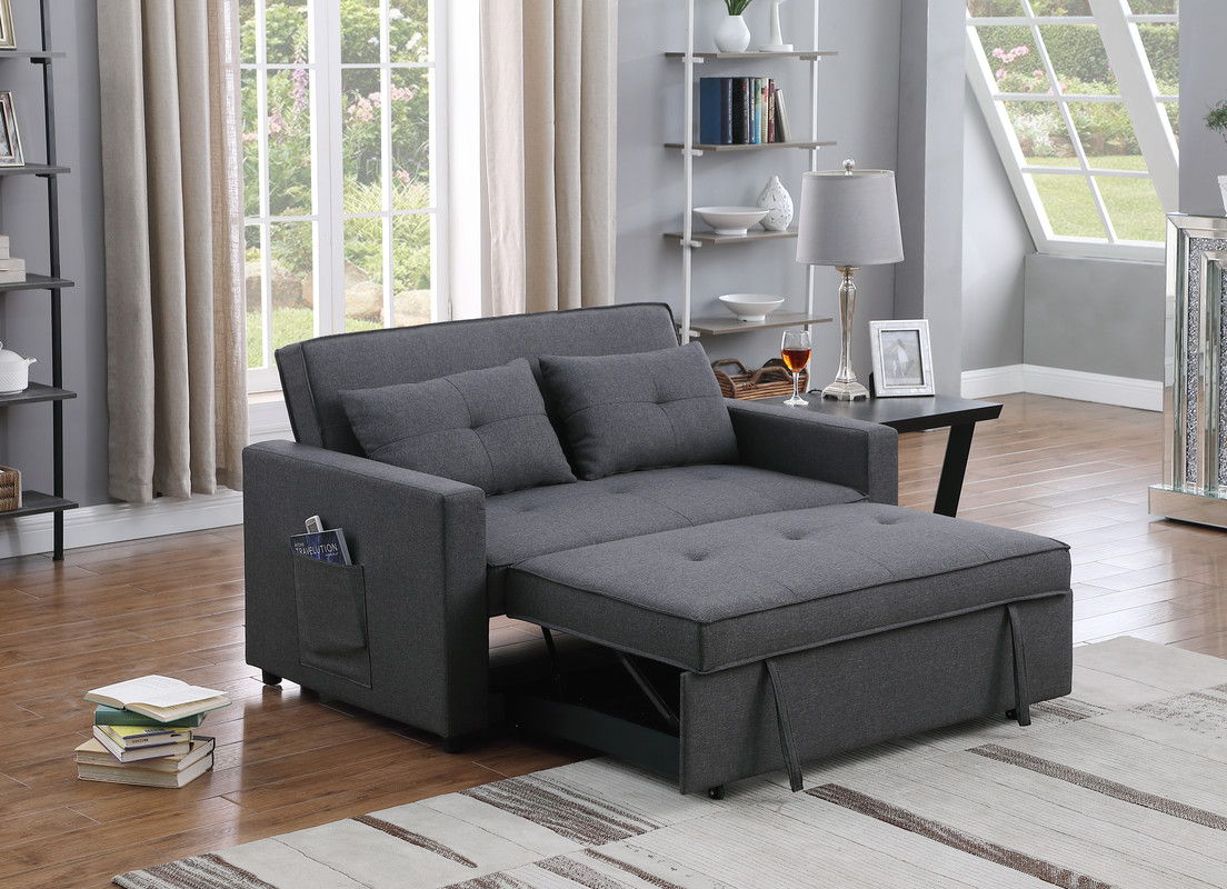 Zoey - Linen Convertible Sleeper Loveseat With Side Pocket - Dark Gray
