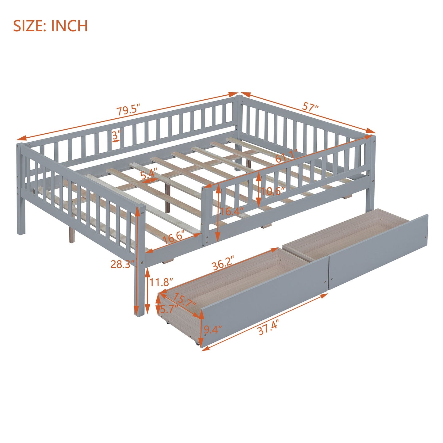 Full Size Daybed Bed With Two Drawers - Gray