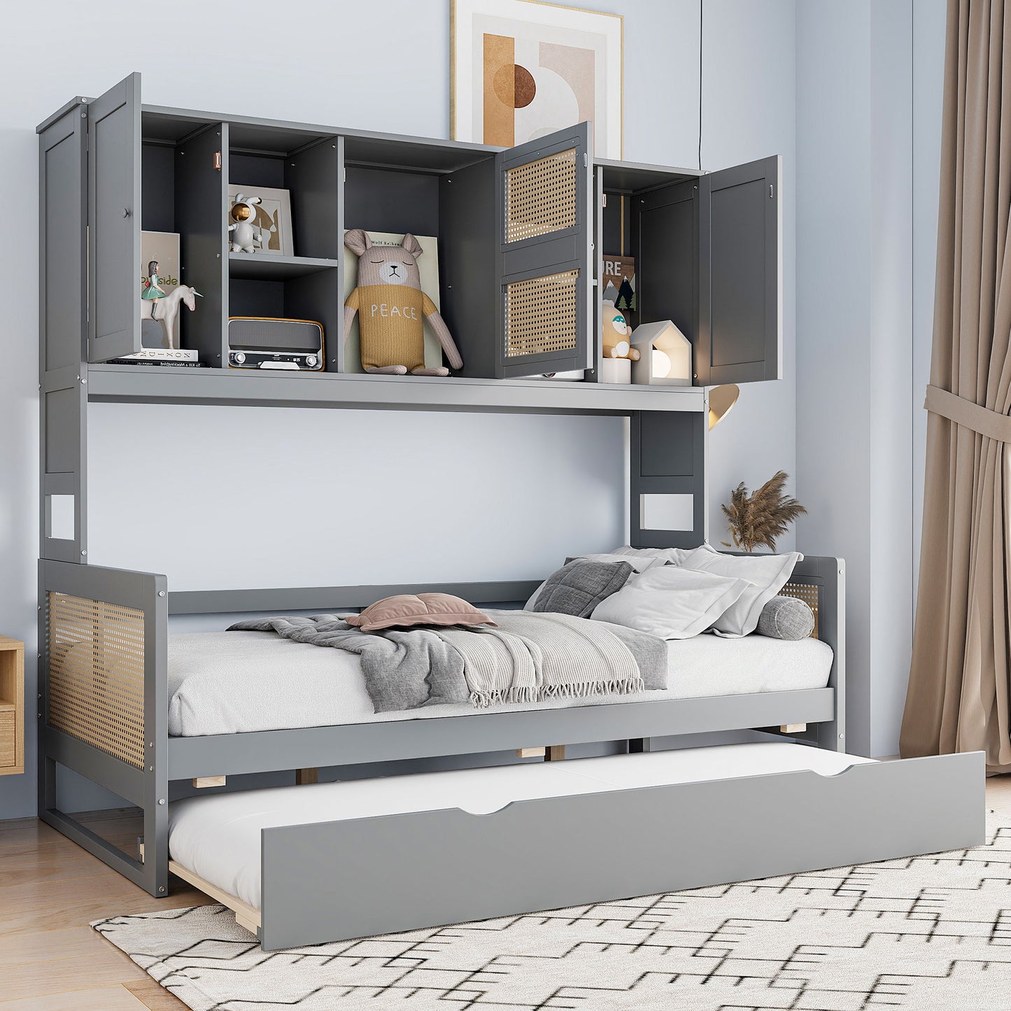 Twin Size Wooden Daybed With Twin Size Trundle, And All In One Cabinet And Shelf - Gray