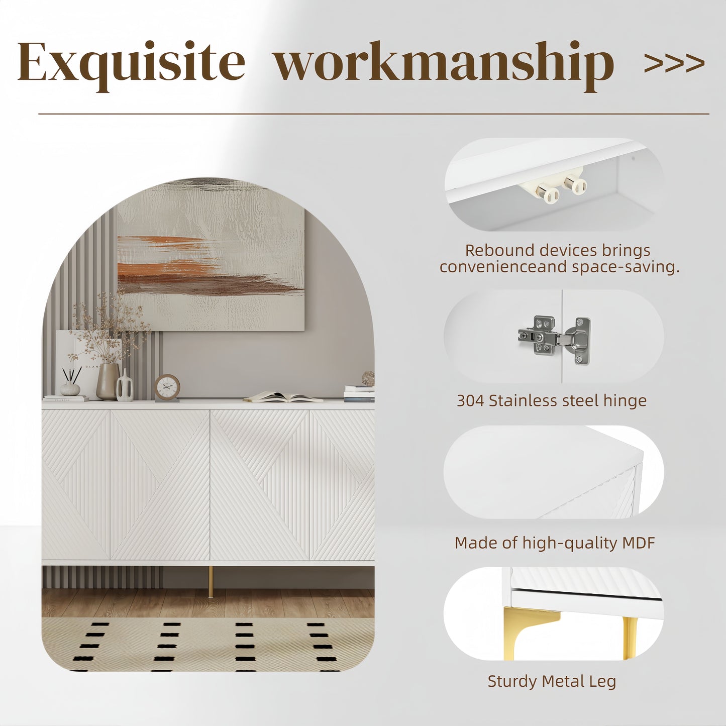 Modern Wood Sideboard Cabinet With Carved Door Panels, Adjustable Shelves, And Sturdy Metal Legs - White