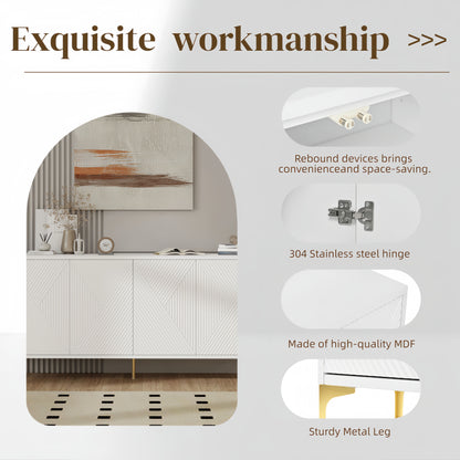 Modern Wood Sideboard Cabinet With Carved Door Panels, Adjustable Shelves, And Sturdy Metal Legs - White