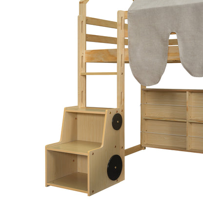 Twin Size Loft Bed With House Shaped Frame And Tent - Natural / Beige