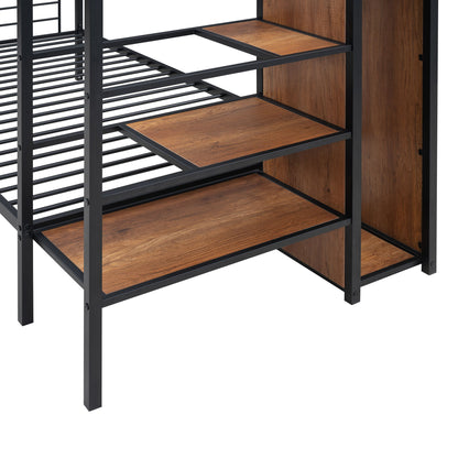 Twin Over Twin Metal Bunk Bed With Lateral Storage Ladder And Wardrobe - Black