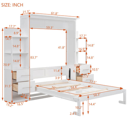 Full Size Murphy Wall Bed With Shelves, Drawers And LED Lights - White