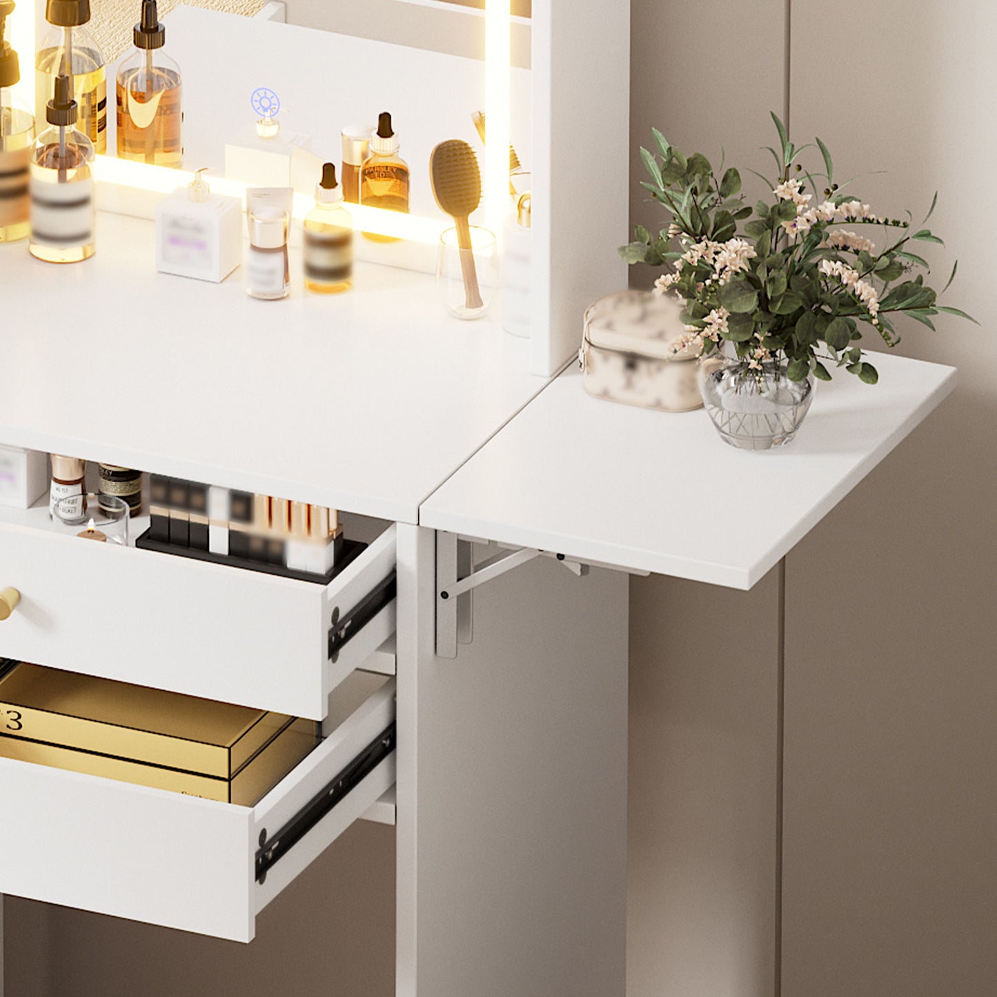 Contemporary Small Space Vanity Table Set With Adjustable Lighted Mirror And Storage Chair - White