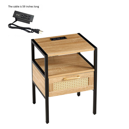 Rattan End Table With Power Outlet & USB Ports, Modern Nightstand With Drawer And Metal Legs, Side Table For Living Room, Bedroom - Natural
