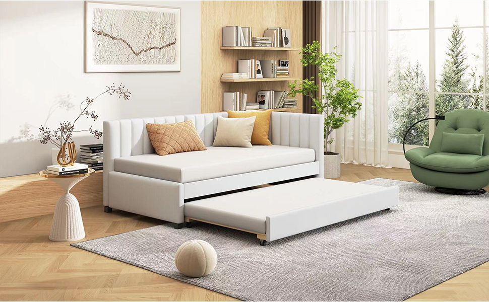 Twin Size Sofa Bed Upholstered Daybed With Trundle Frame No Box Spring Needed, Linen - Beige