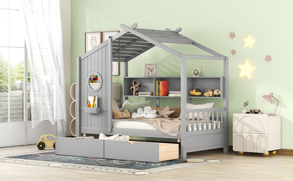 Twin Size House Bed With 2 Drawers, Kids Bed With Storage Shelf - Gray