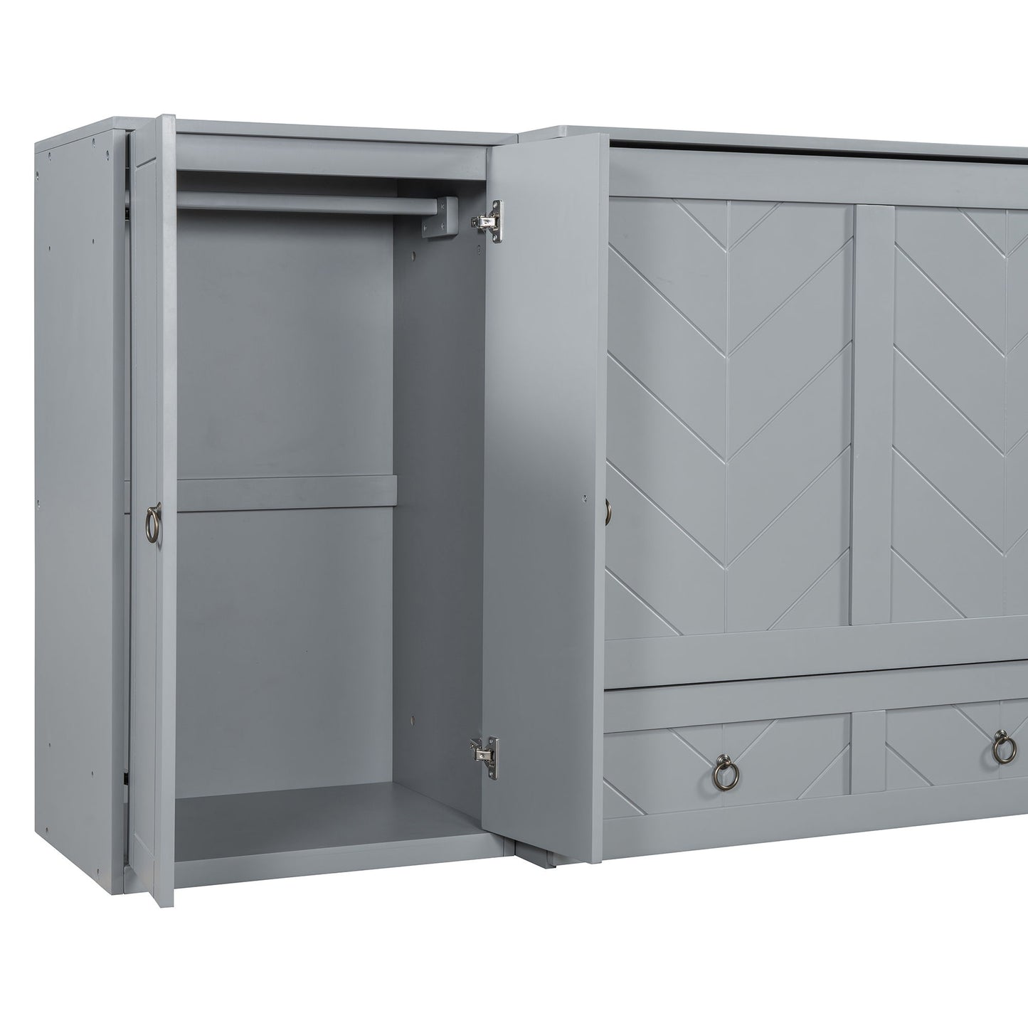 Queen Size Murphy Bed With USB Port, Large Drawer, And Wardrobe / Desk Combo Versatile Cabinet Bed - Gray