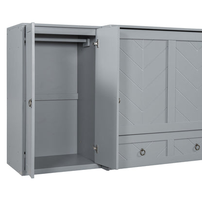 Queen Size Murphy Bed With USB Port, Large Drawer, And Wardrobe / Desk Combo Versatile Cabinet Bed - Gray