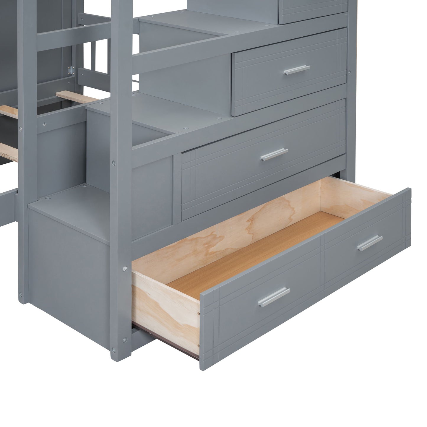 Full Over Twin Bunk Bed With Wardrobe, Drawers - Gray