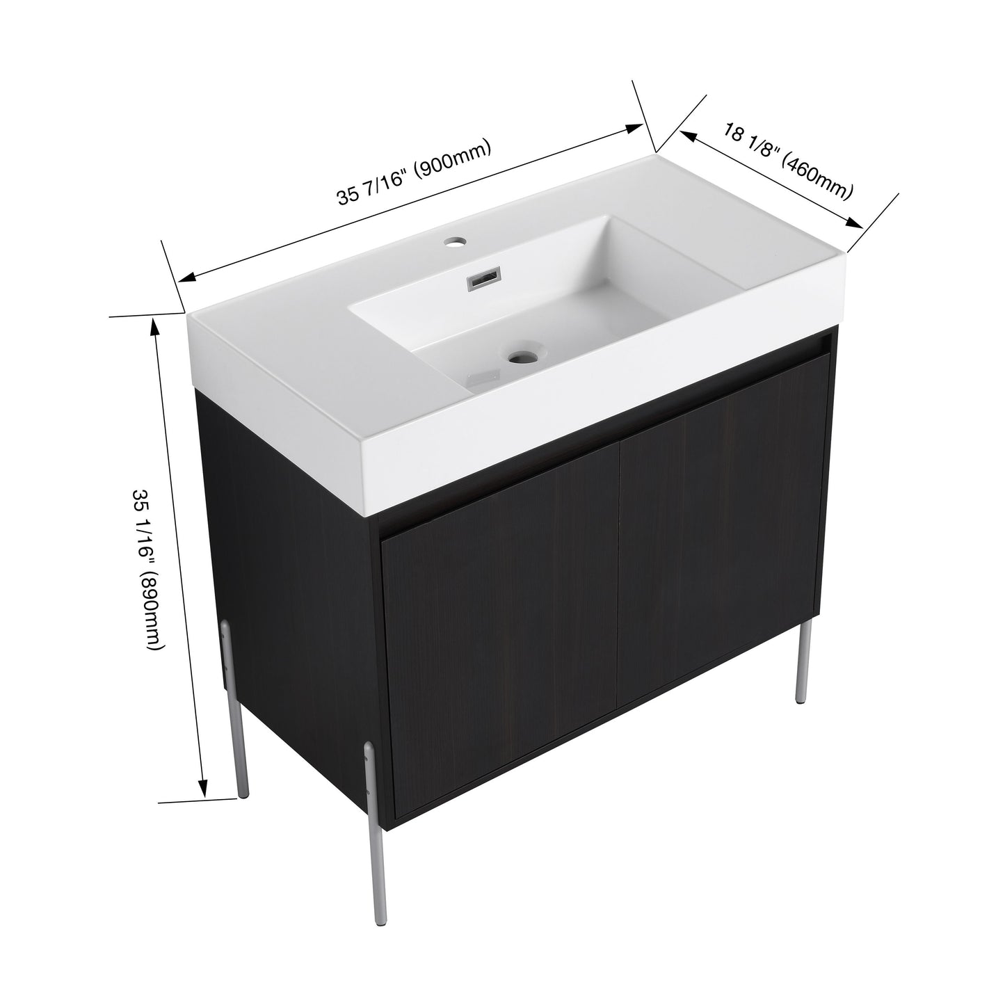 Minimalist 36" Freestanding Bathroom Vanity With Resin Sink And Storage Cabinet - Dark Oak