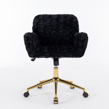 Office Chair, Artificial Rabbit Hair Home Office Chair With Golden Metal Base, Adjustable Desk Chair Swivel Office Chair, Vanity Chair - Black