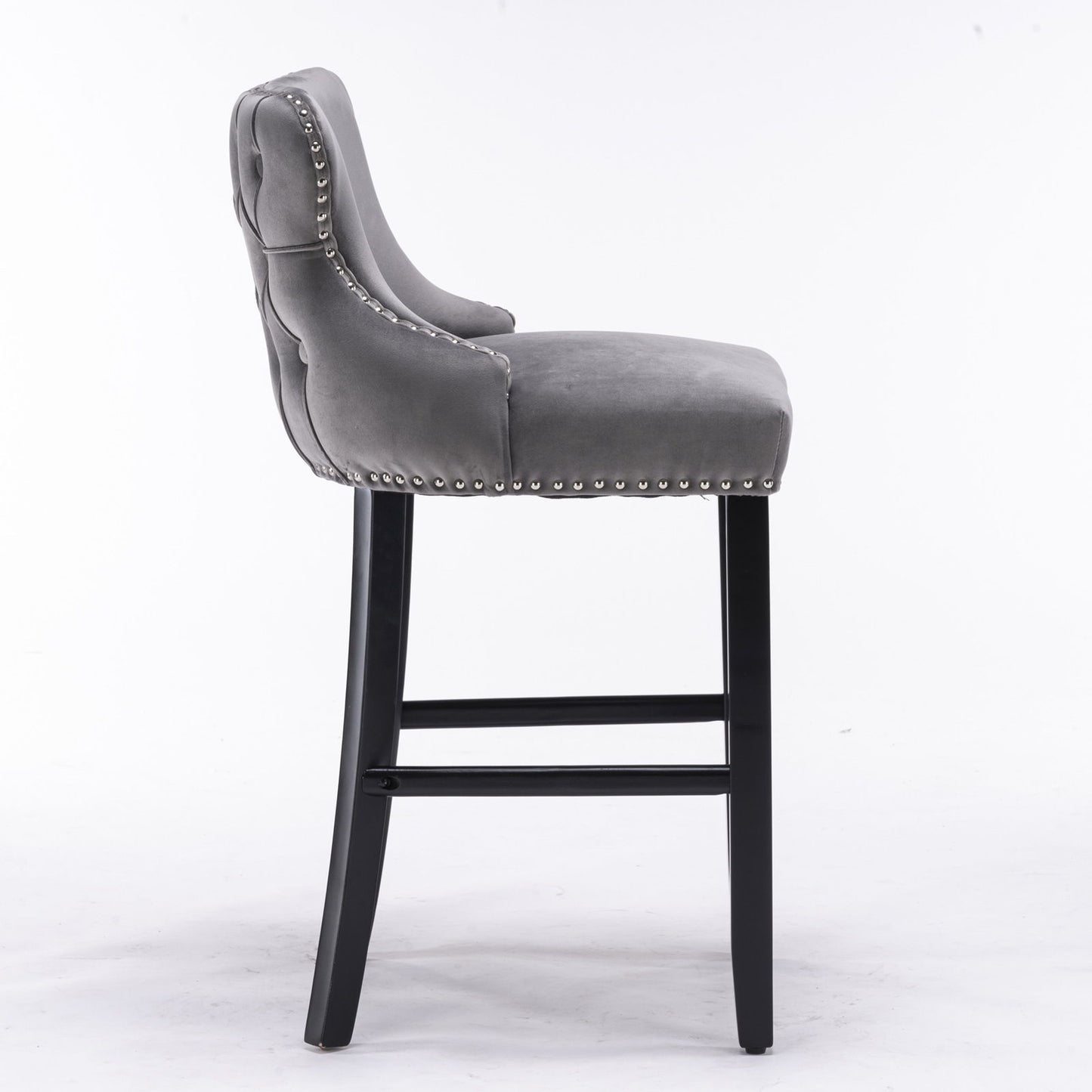 Contemporary Velvet Upholstered Wing-Back Barstools With Button Tufted Decoration And Wooden Legs, And Chrome Nailhead Trim, Leisure Style Bar Chairs, Bar Stools (Set of 4) - Gray